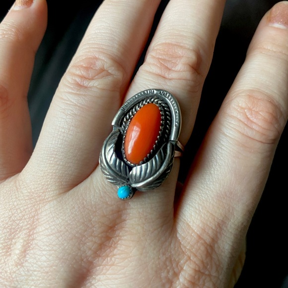 Navajo sterling coral and turquoise ring size 8.5 - Picture 1 of 2